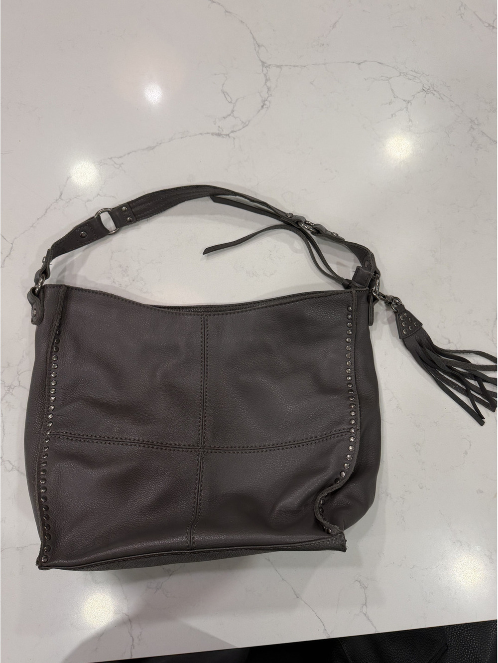 The Sak Gray-Brown Leather Studded Hobo Shoulder Bag Tassel Boho